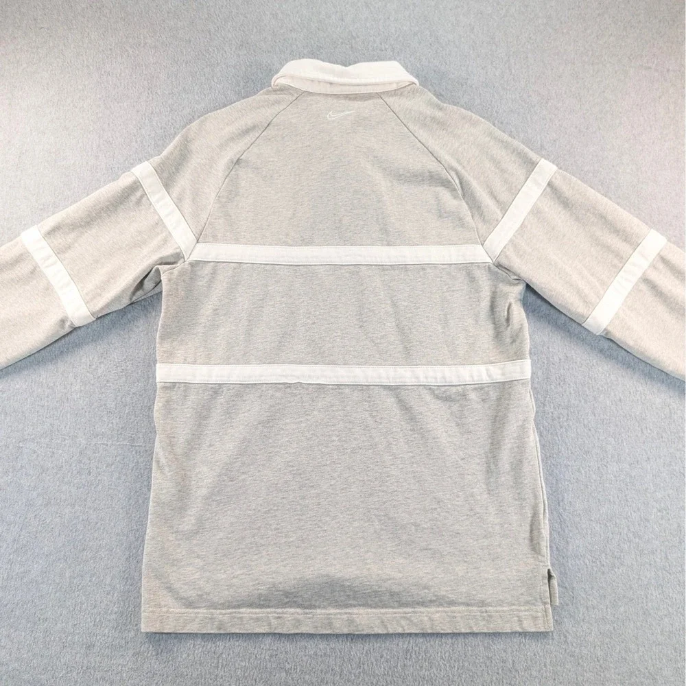 Nike Swoosh Mens Grey White Long Sleeve Rugby Polo Shirt Medium‎ 20.5x27
